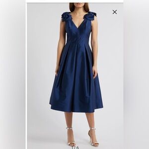 Eliza J Navy Blue V-Neck Midi Dress with Shoulder Bows